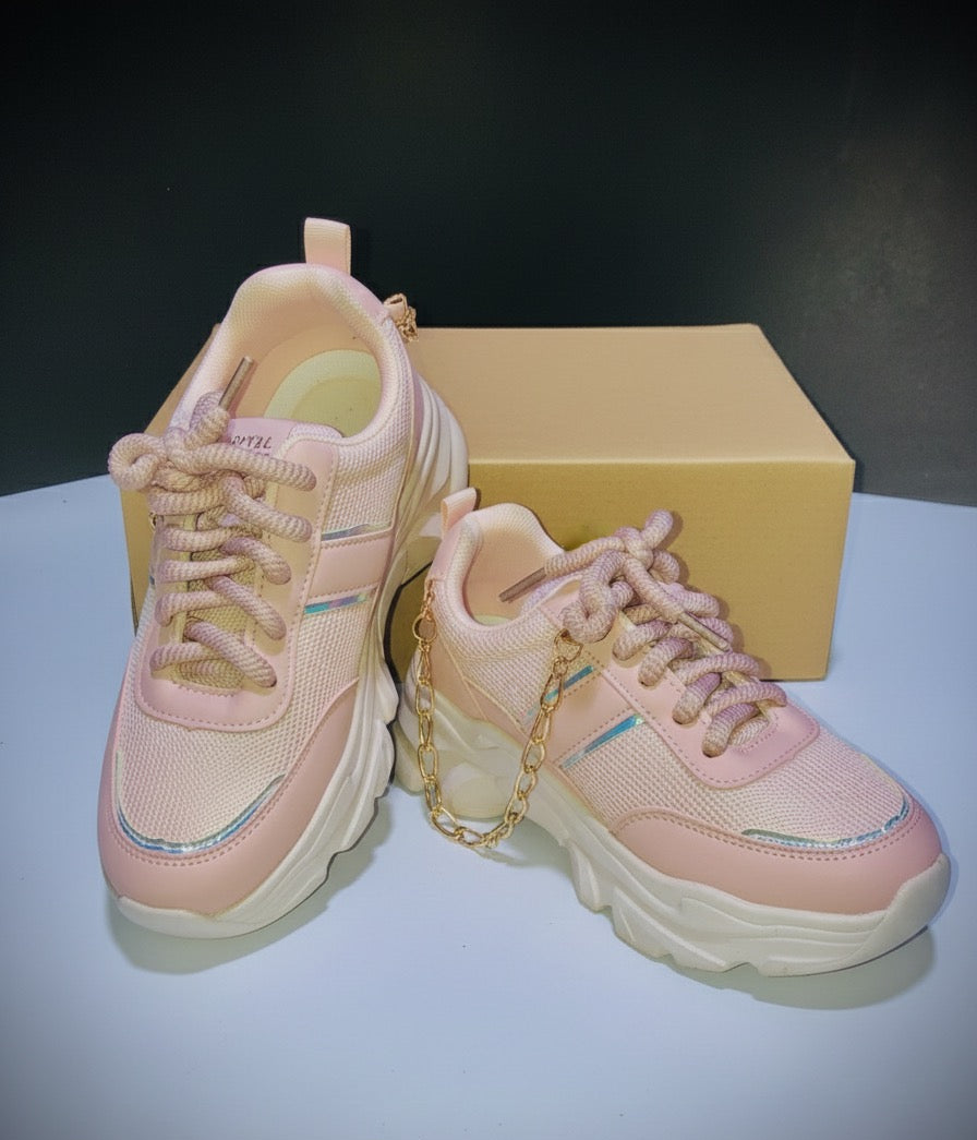 LECWASS Royal Pink Chunky Sneakers for Women | Trendy Platform Shoes with Gold Chain