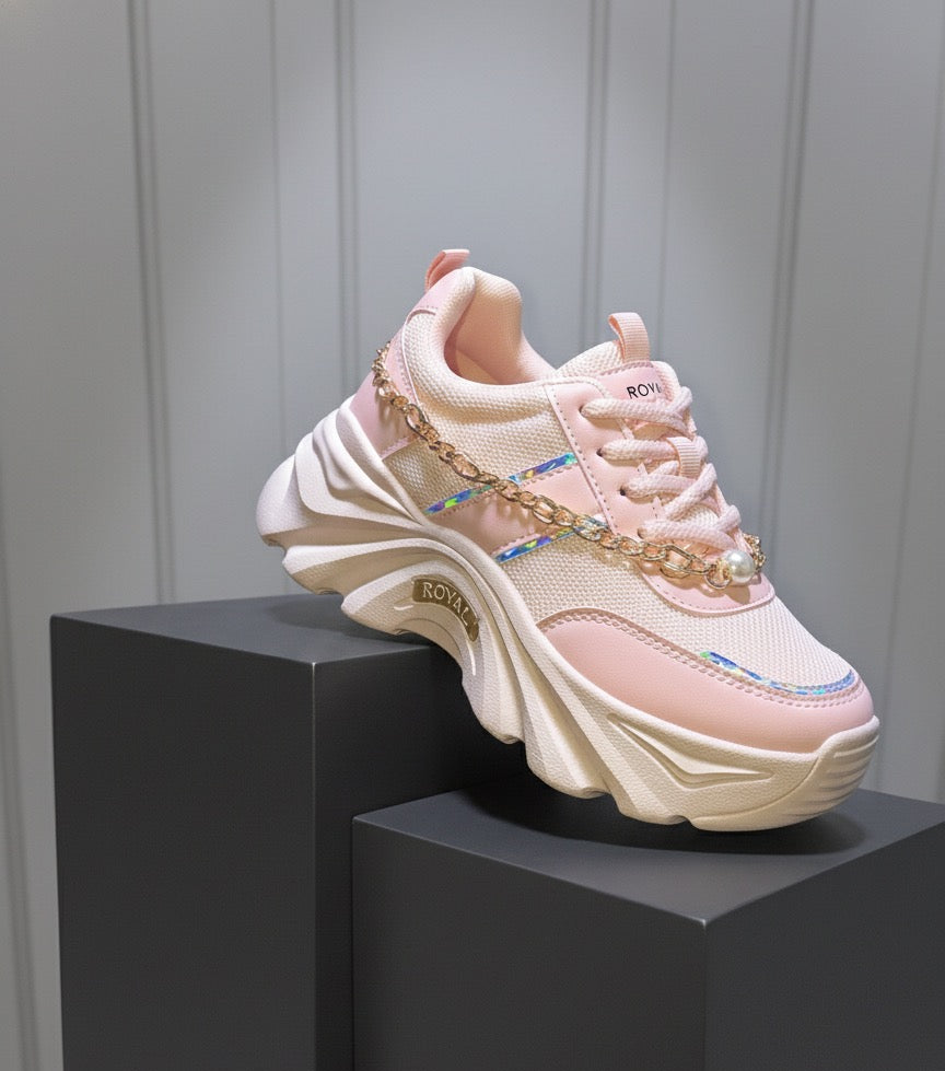 LECWASS Royal Pink Chunky Sneakers for Women | Trendy Platform Shoes with Gold Chain