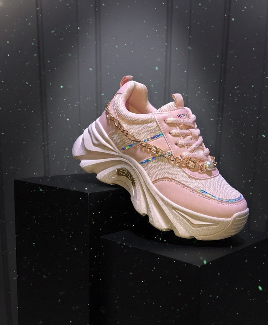 LECWASS Royal Pink Chunky Sneakers for Women | Trendy Platform Shoes with Gold Chain