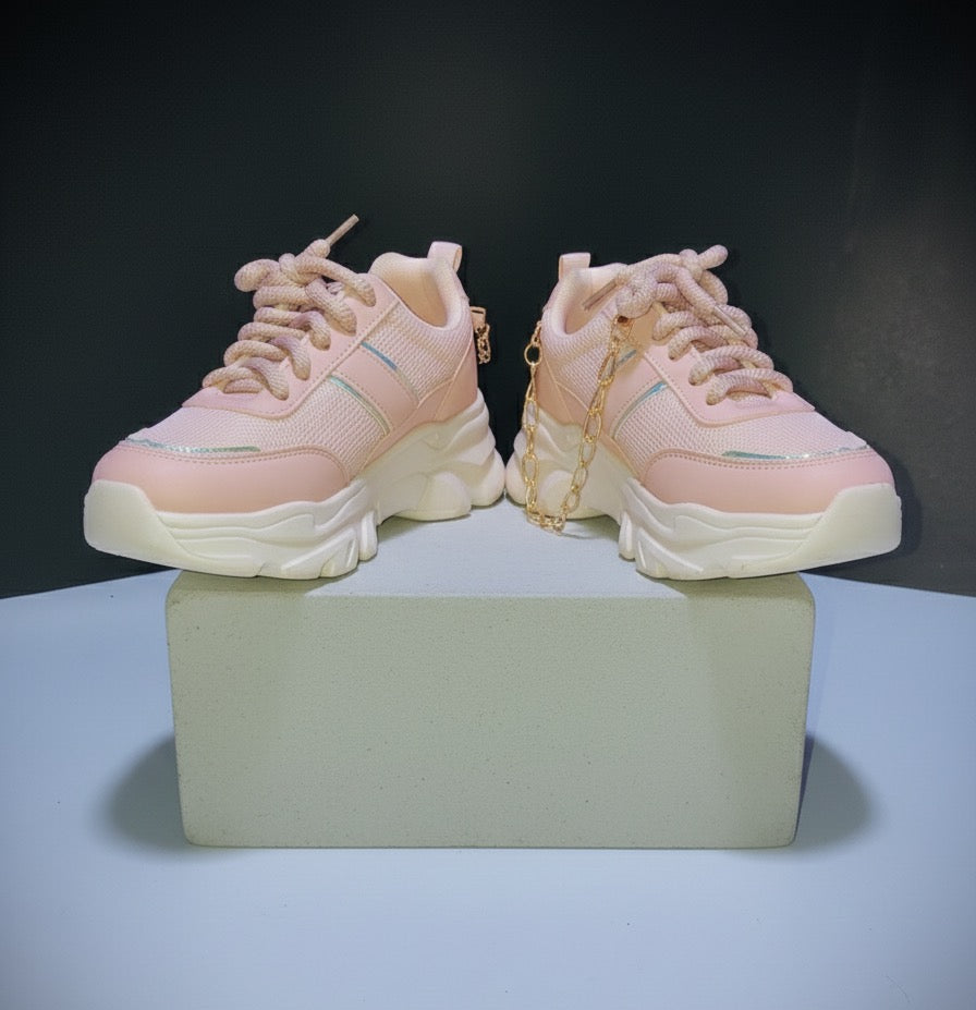 LECWASS Royal Pink Chunky Sneakers for Women | Trendy Platform Shoes with Gold Chain